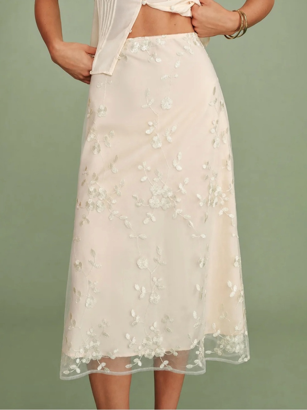 Apricot Floral Embroidery Mesh Midi Skirt